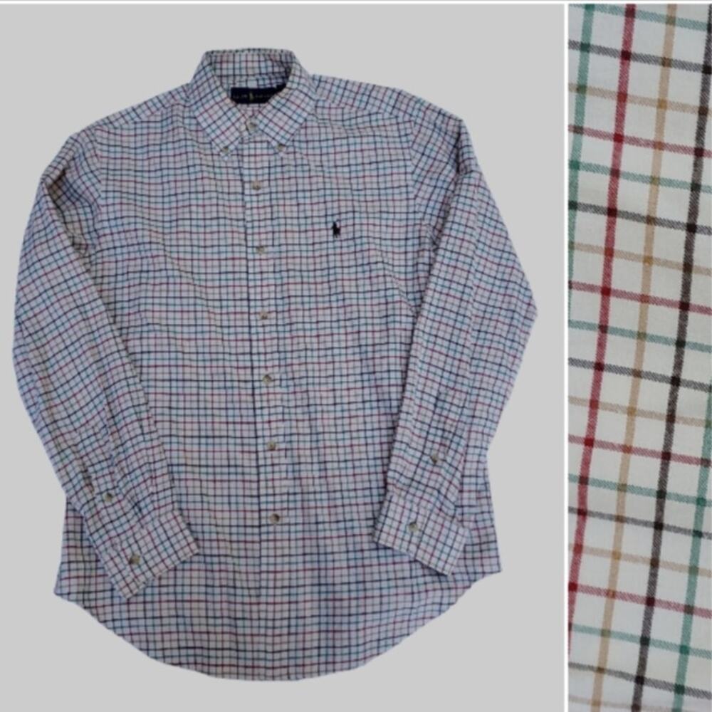 Ralph Lauren Classic Fit Button Down Shirt Cream Check Pony Logo Sz Medium